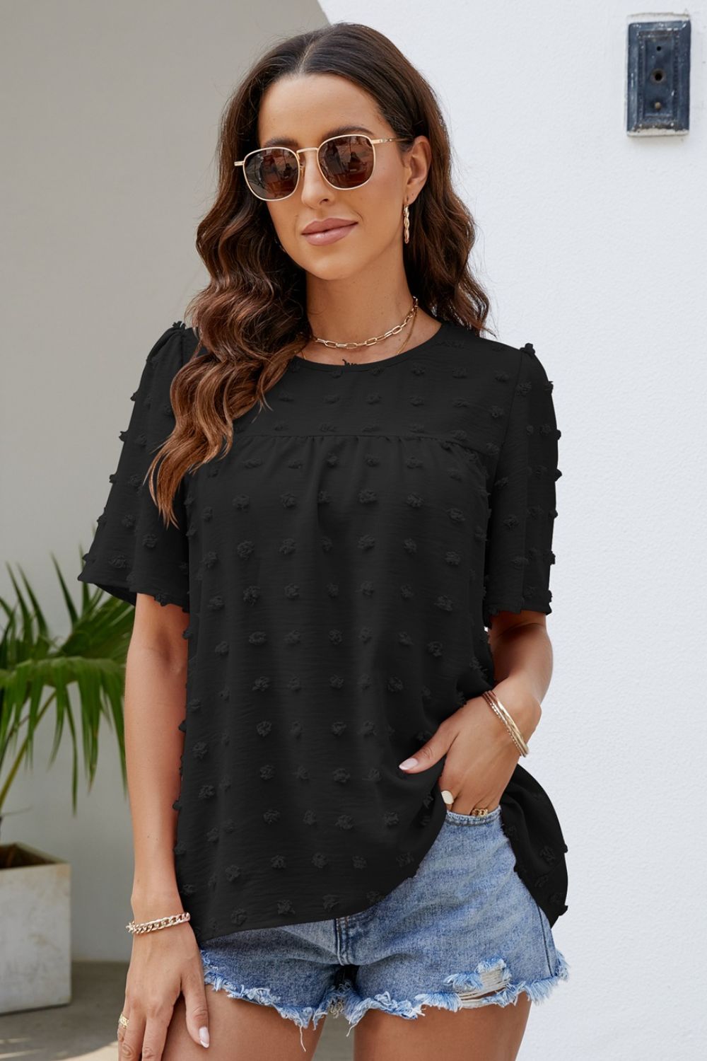 Swiss Dot Puff Sleeve Round Neck Blouse