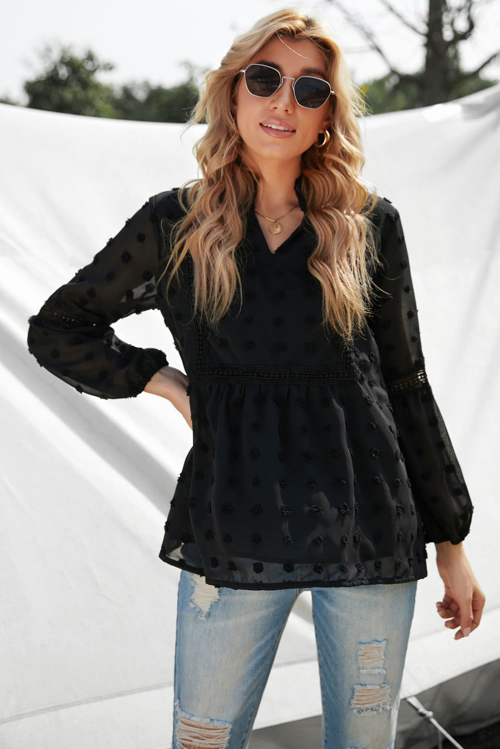 Swiss Dot Frilled Notched Neck Blouse