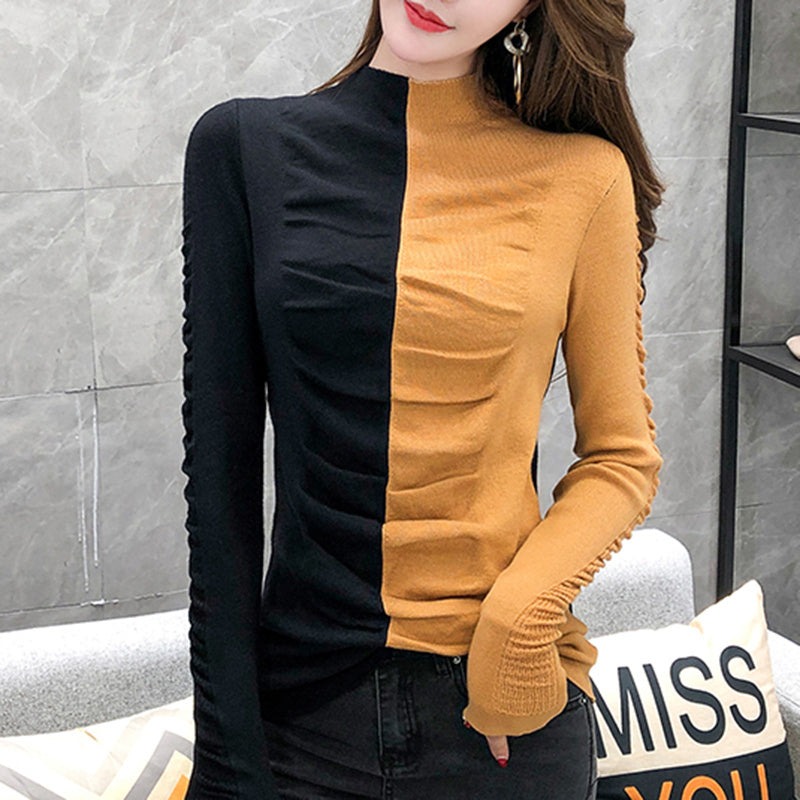 Color Block Pleated Top Slim-fit Half High Neck Bottoming Shirt