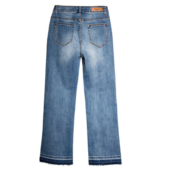 Jean bootcut élastique délavé, ample, jambes larges, longueur cheville, pour femmes