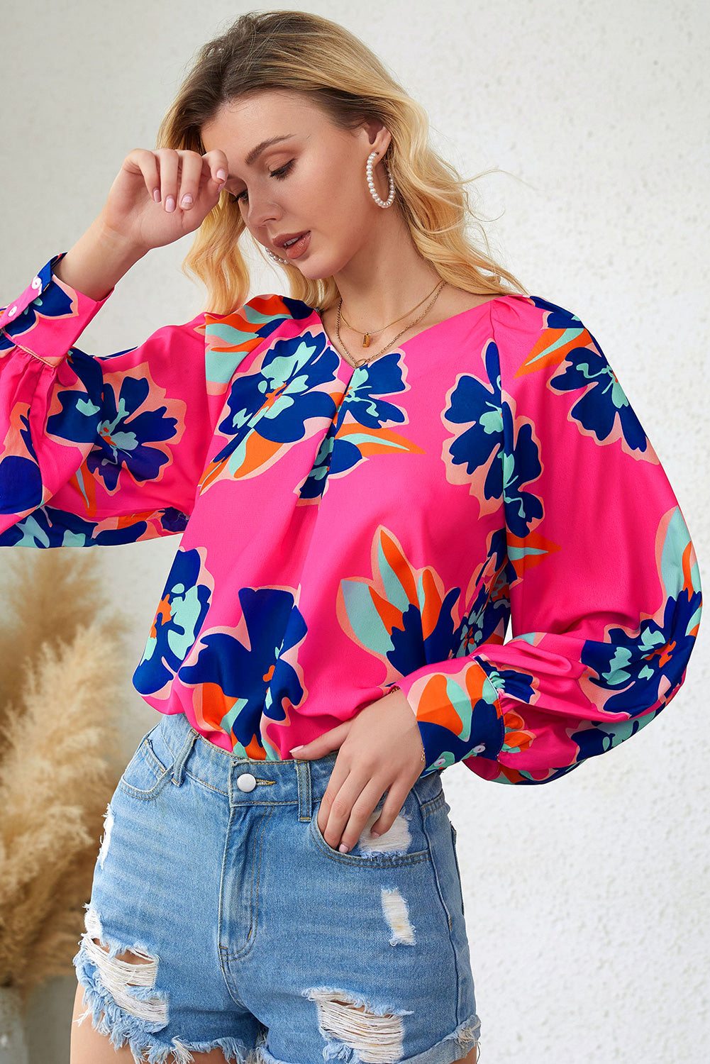 Floral Print V-Neck Lantern Sleeve Blouse