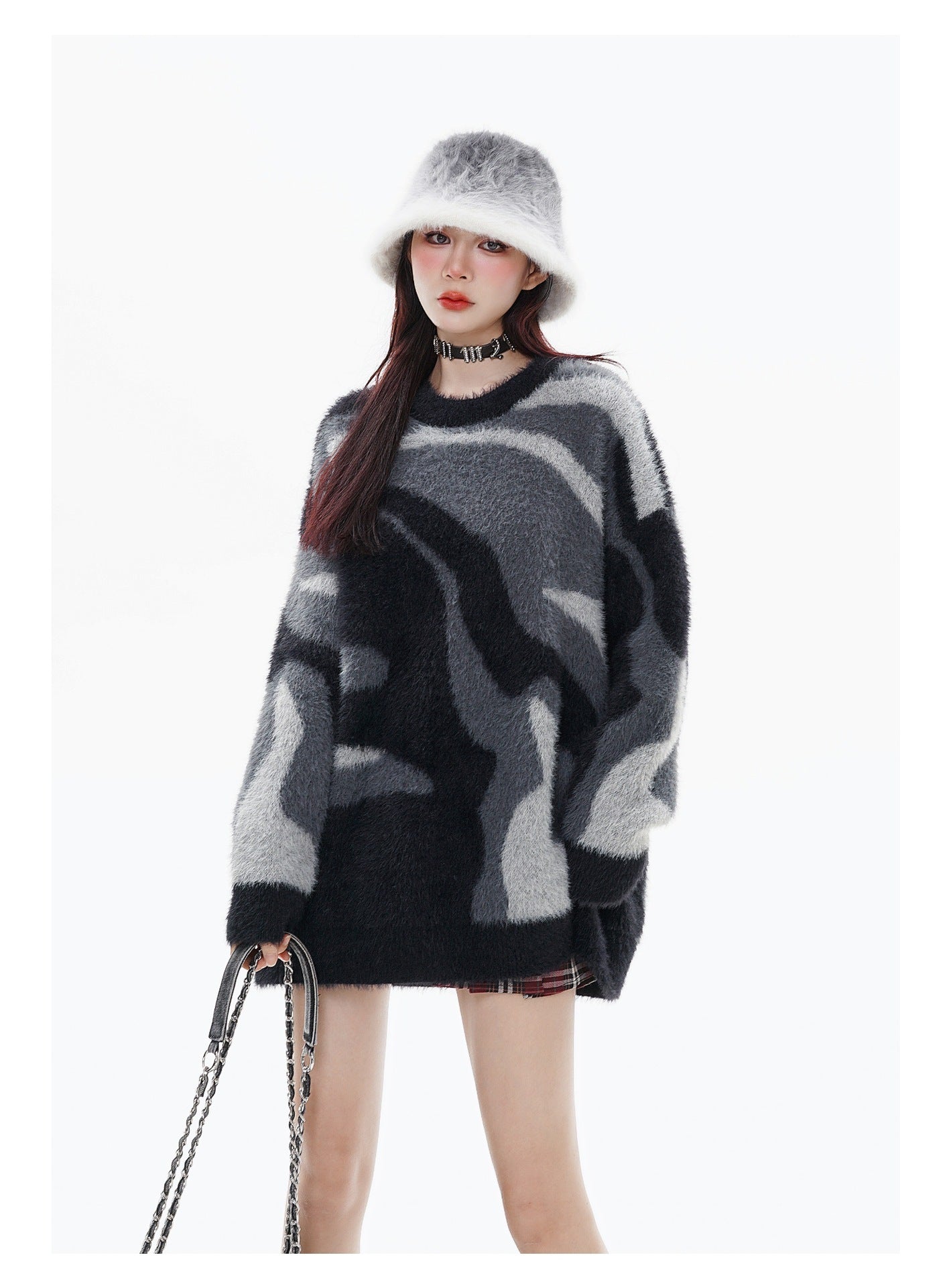 Zebra Pattern Hema Round Neck Pullover Keep Warm Sweater