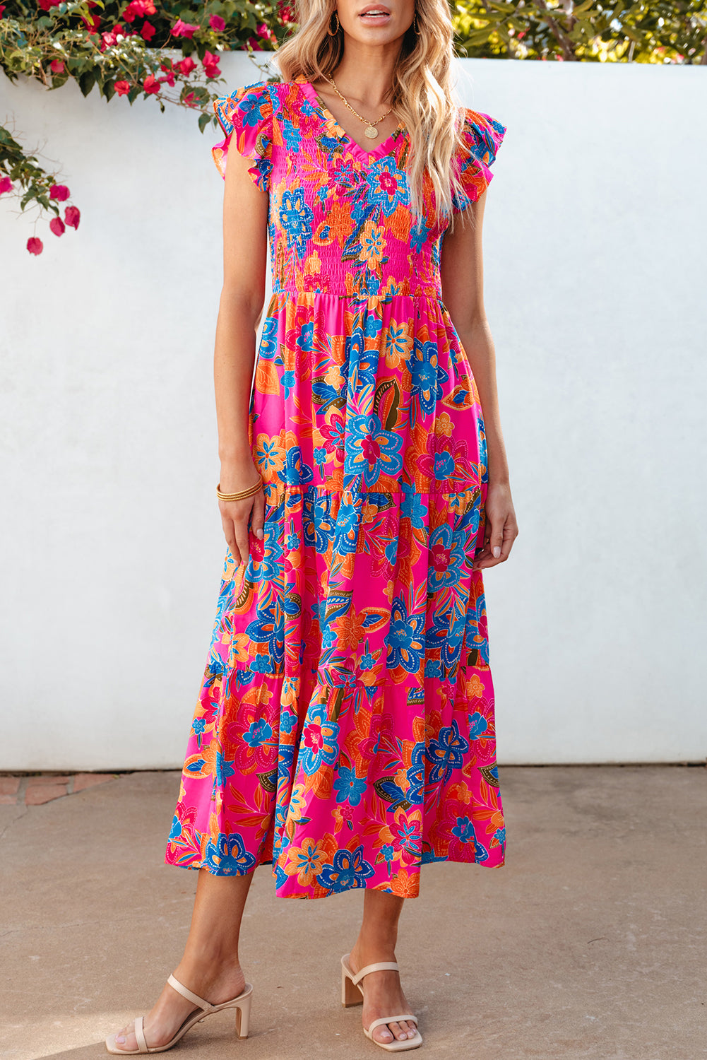 Vestido largo escalonado con volantes y cuello en V floral boho rojo rosa