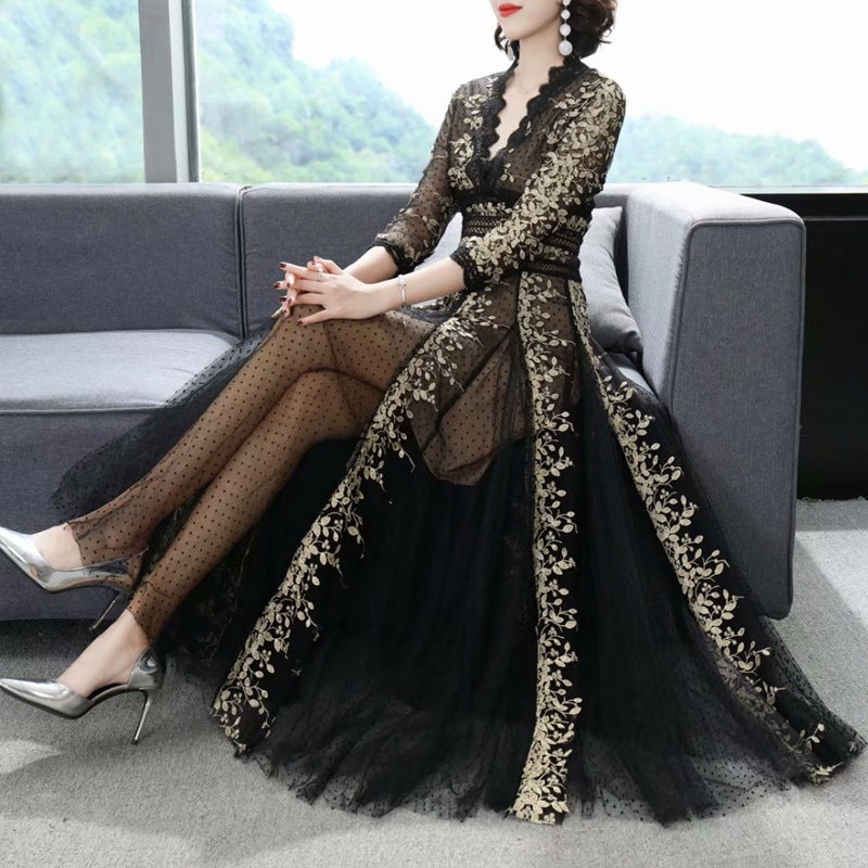 Embroidery Mesh Black Dress Women