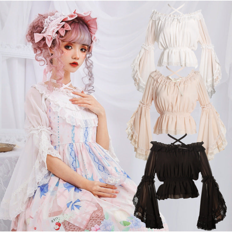 Sweet Women's Chiffon Blouse Flare Sleeve Cross Neck Lolita Top for Summer