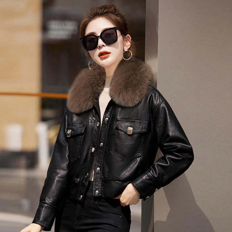 Women's Fleece-lined Coat Thickened Biker's Leather Jacket