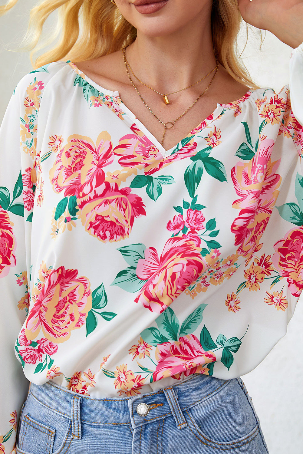 Blusa de manga larga con cuello con muescas y estampado floral de Double Take