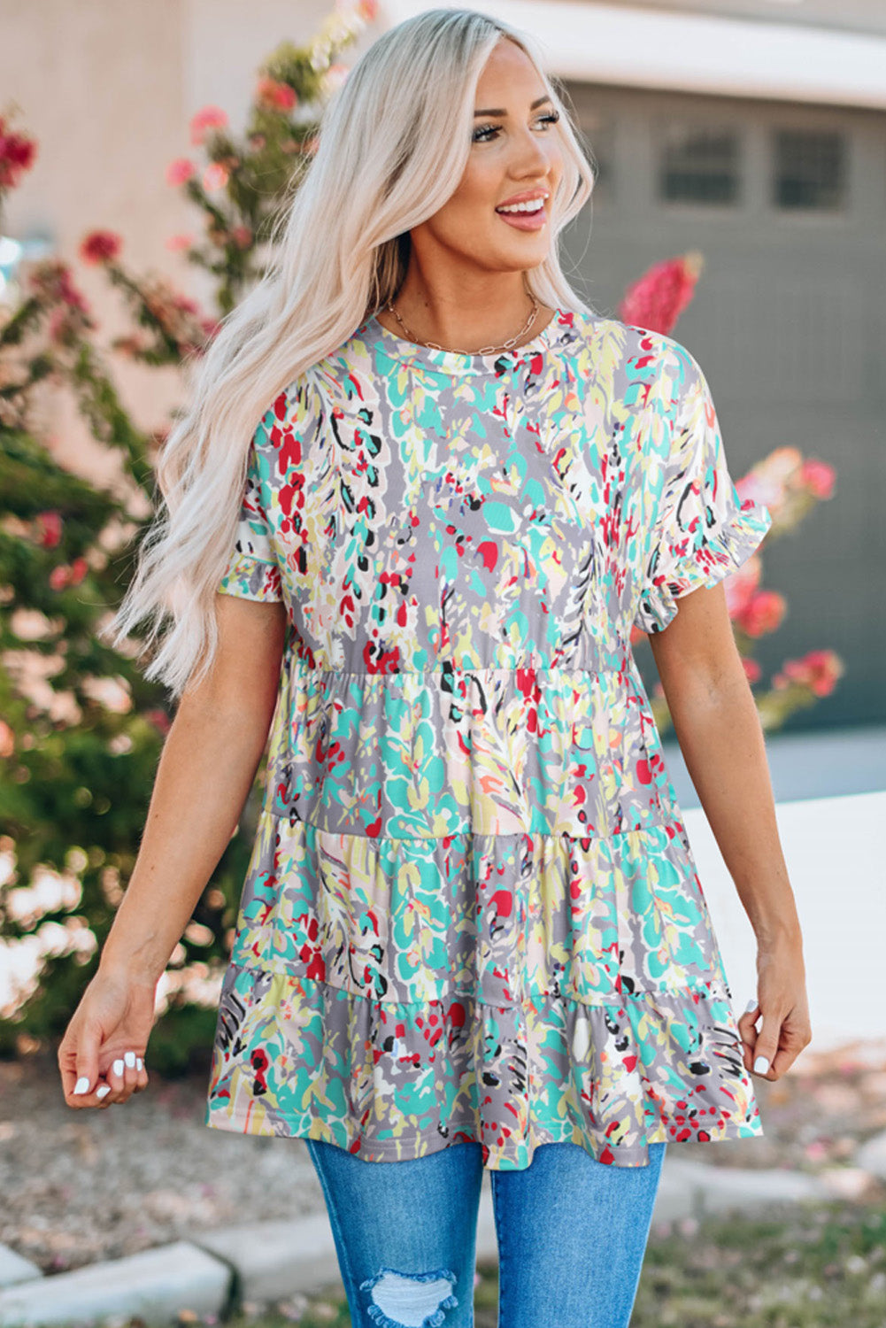 Floral Flounce Sleeve Tiered Blouse