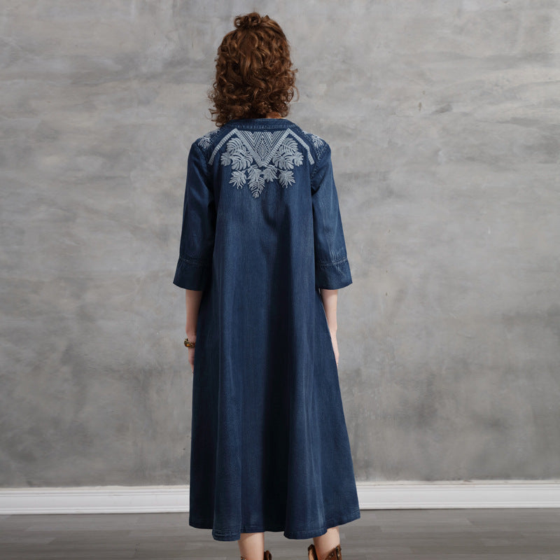 Robe en jean à manches mi-longues brodée grande taille pour femme