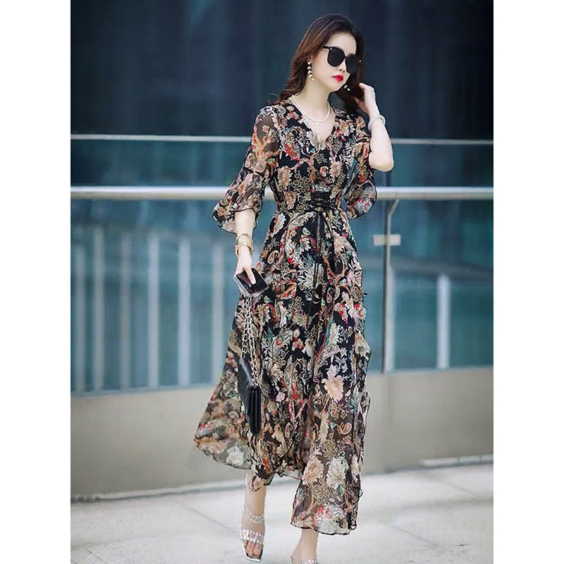 Dress Female Age Reduction V-neck Floral