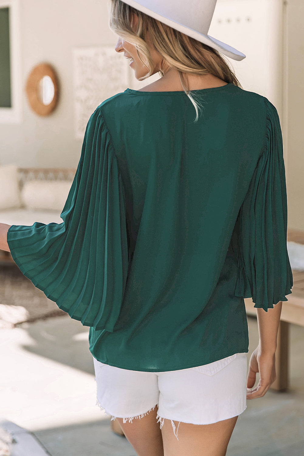 Blackish Green 3/4 Pleated Bell Sleeve V Neck Blouse