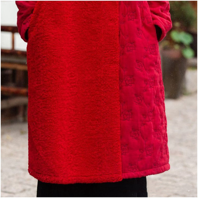 Chinese Style Embroidery Long Thickened Stitching Woman Cotton Dress Coat