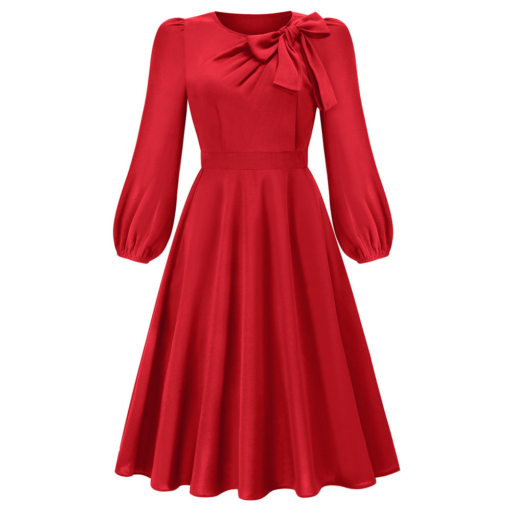 Autumn And Winter Long Sleeve Round Neck Bowknot Dress