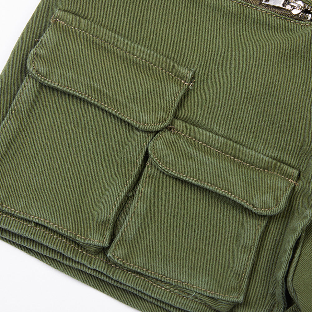 Workwear Denim Shorts Green Belt Loop Decorative Hot Pants