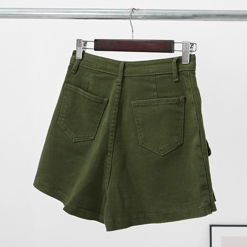 Workwear Denim Shorts Green Belt Loop Decorative Hot Pants