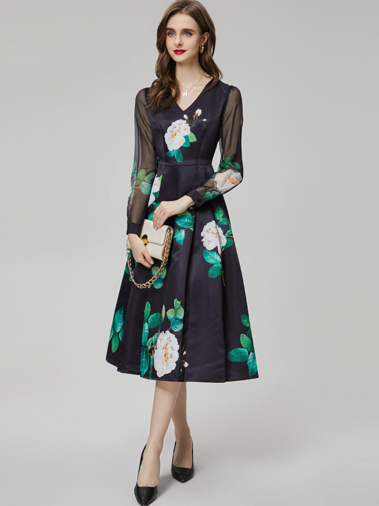 Fashion V-neck Green Printed Long Sleeve Black Mid-length Dress