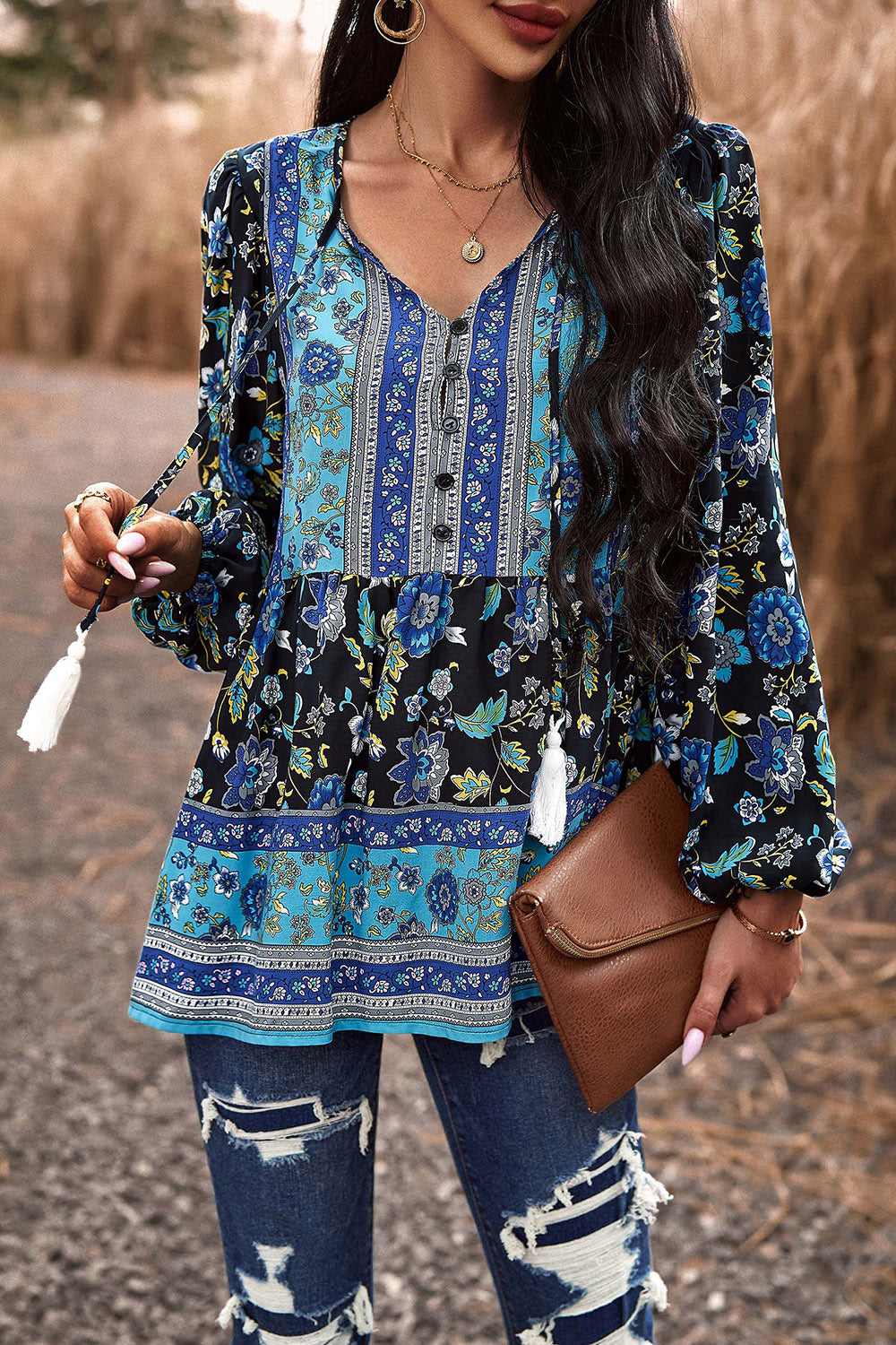 Tassel Tie Long Sleeve Peplum Blouse