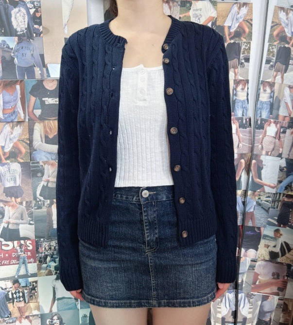 Cardigan tricoté torsadé bleu rétro américain