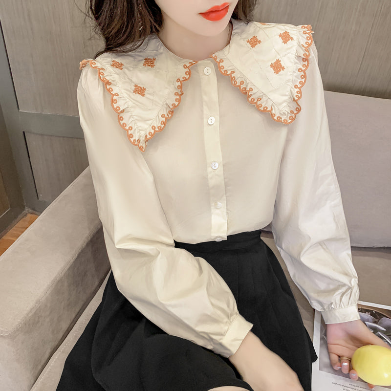 Contrasting Color Doll Collar Shirt Women Autumn And Winter