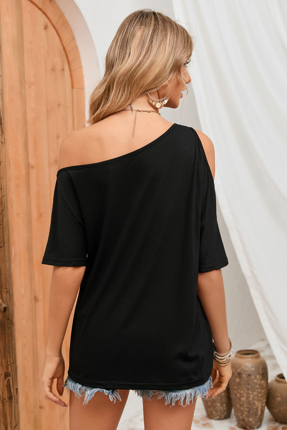 Asymmetrical Neck Cold-Shoulder Half Sleeve Blouse