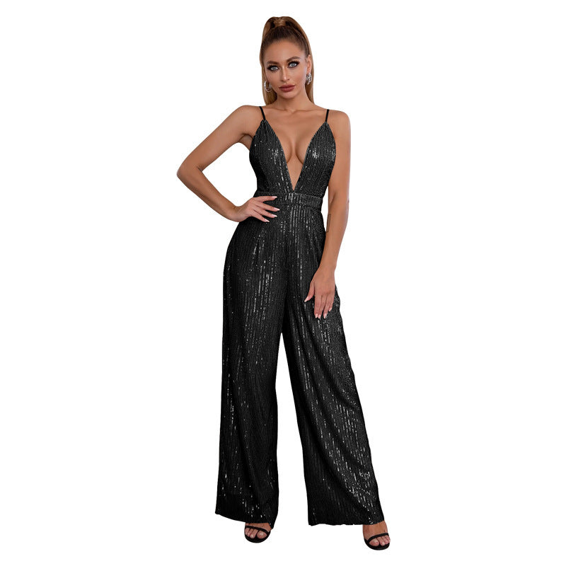 Women's Suspender Sequins Deep V One-piece Suit