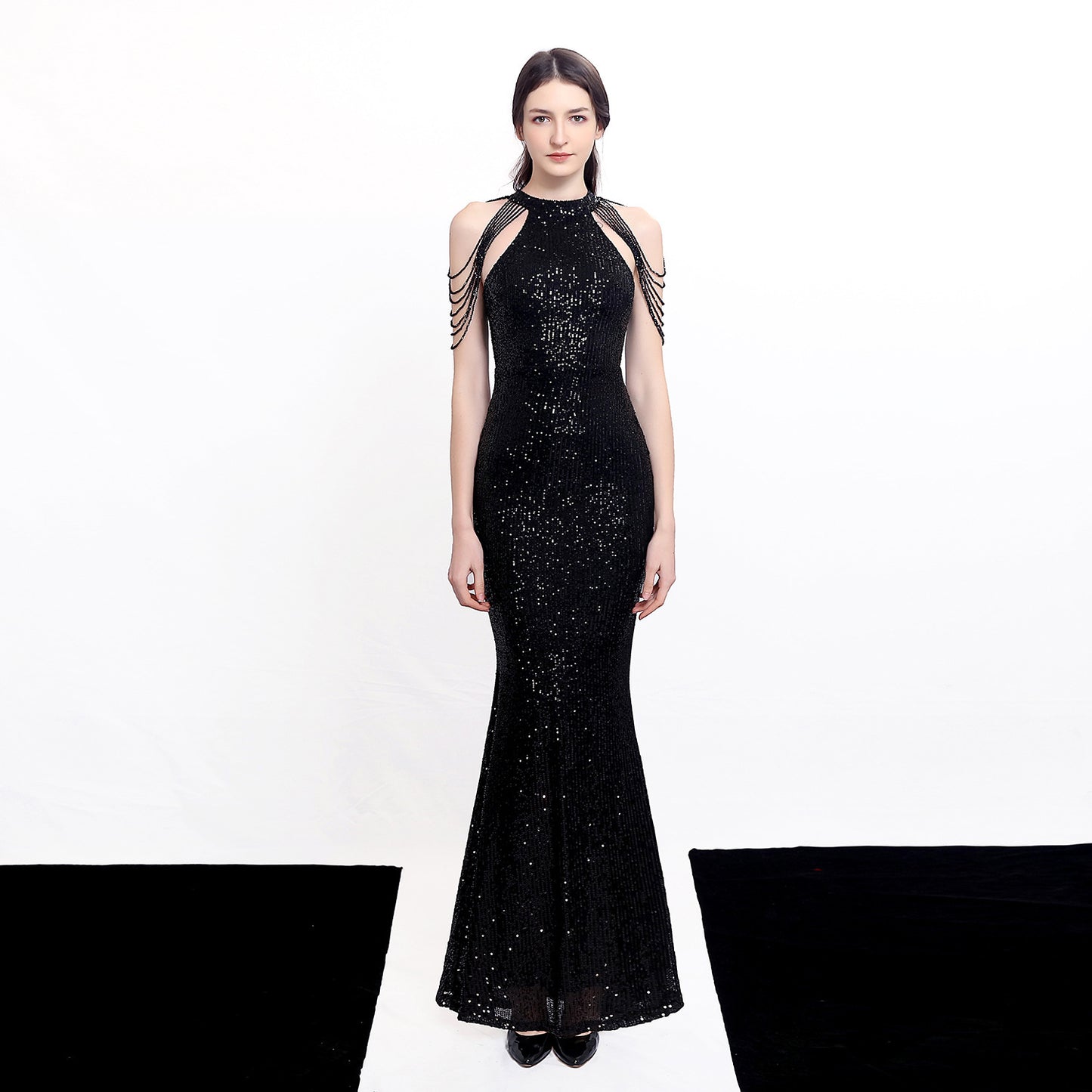 Banquet Temperament Elegant Long Halter Set Diamond Sequined Aura Queen Fishtail Evening Dress