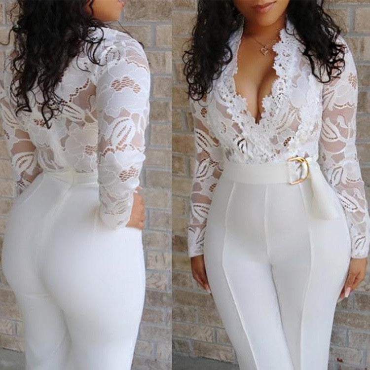 Women's Long Sleeve Lace White Jumpsuit