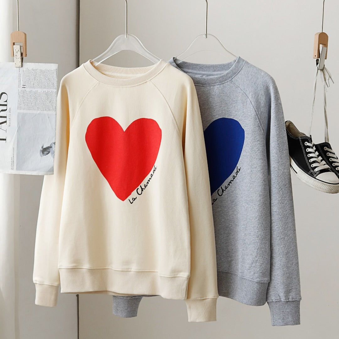 Casual Heart Printing Round Neck Loose Set Head Sweatshirt