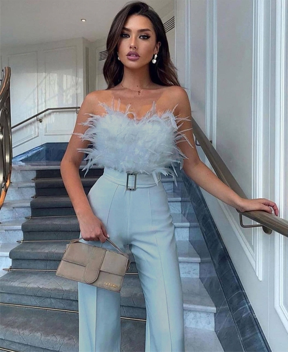 Feather Tube Top Fashion Jumpsuit