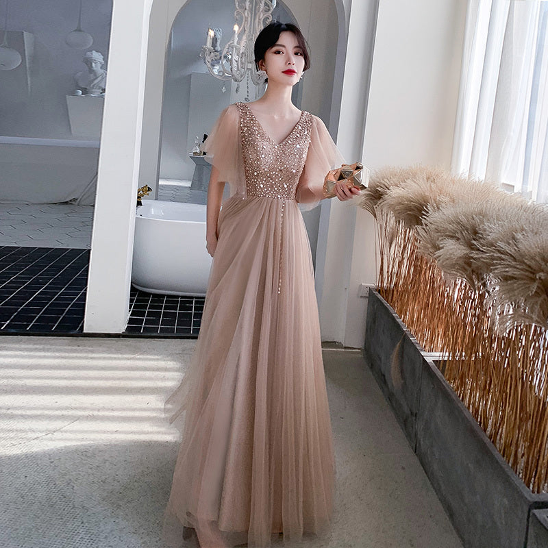 Champagne V-neck Banquet Evening Dress For Host Choral Performance