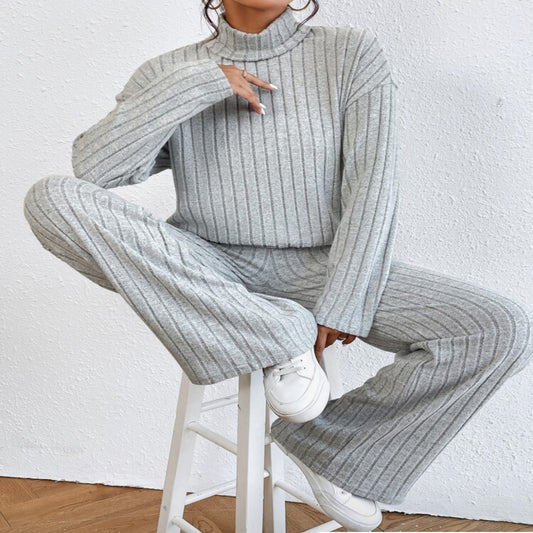 Turtleneck Long Sleeve Sunken Stripe Loose Wide Leg Pants Two-piece Set