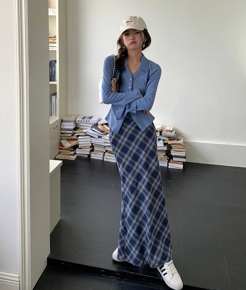 Blue Plaid Skirt Temperament Slim-fit Tall-looking