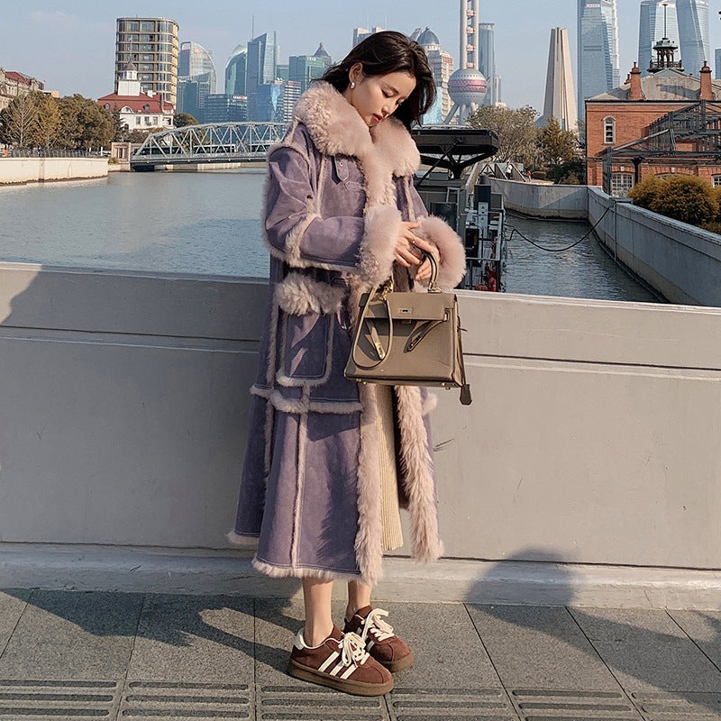 Manteau en laine d'agneau avec fourrure intégrée violette pour femme