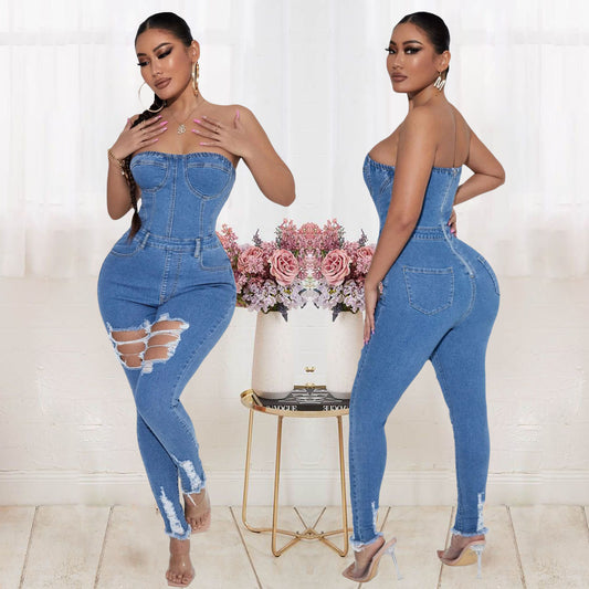 Women's Tube Top Slim Fit Denim Jumpsuit