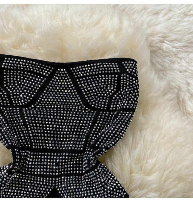 Waist Trimming Ruffles Hot Girl Sexy Short Rhinestone Tube Top Two-piece Suit