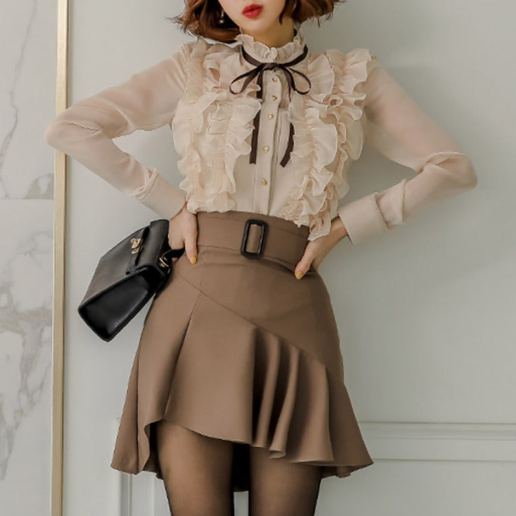 Women's Two Piece Stand Collar Lace Shirt Top Ruffle Skirt Suit