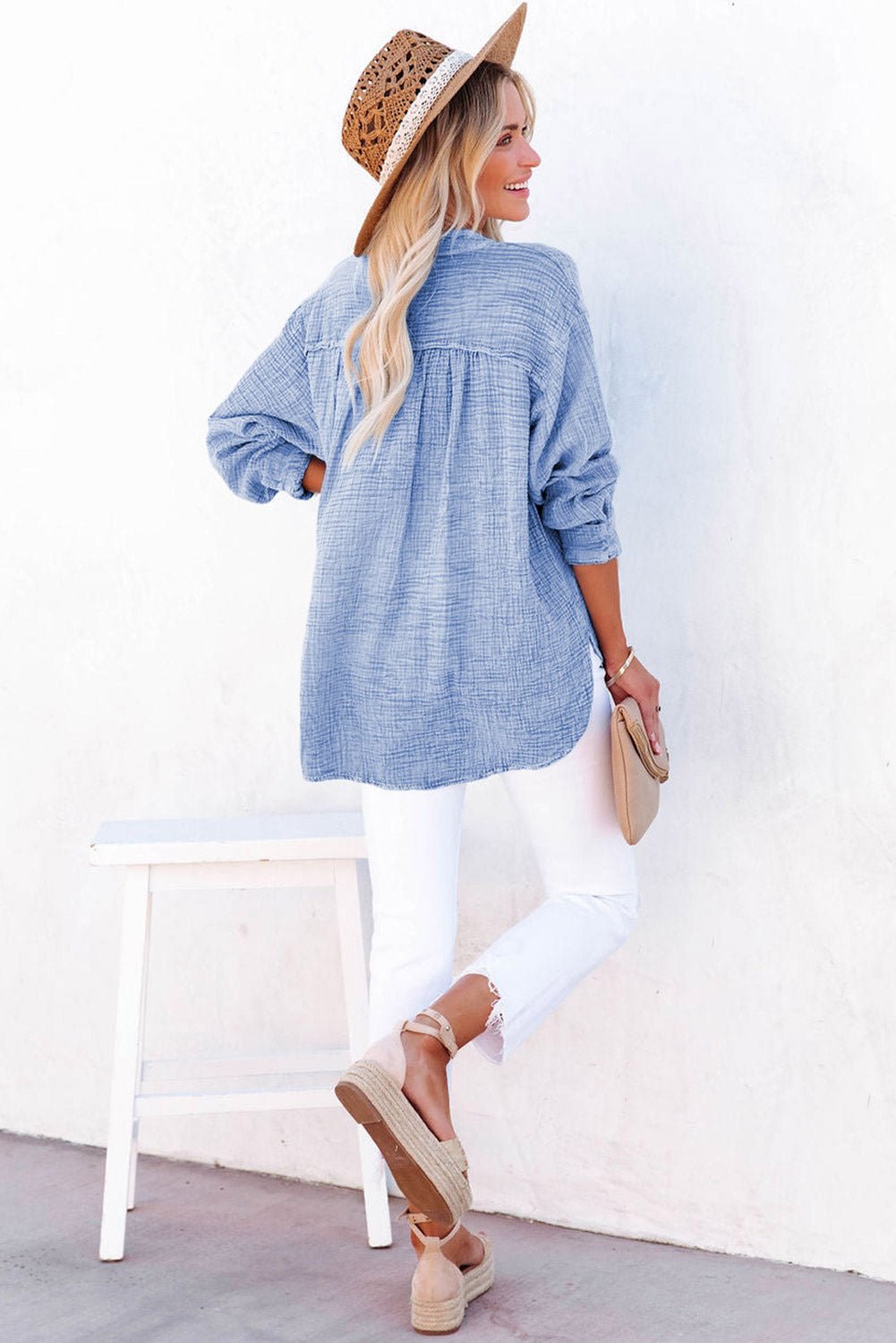 Sky Blue Crinkle Textured Loose Henley Top