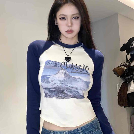 American Retro Raglan Sleeves Short Top For Women