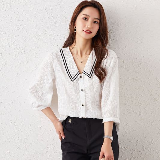 Three Quarter Sleeve Lace Shirt Commuter White Small Shirt Top Design