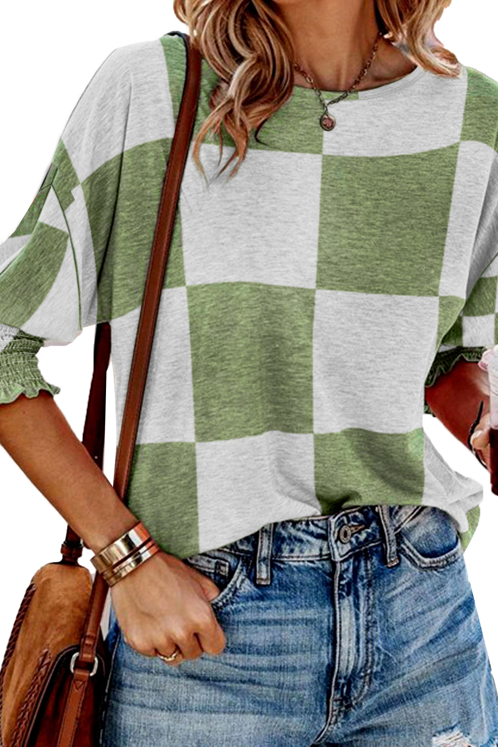 Blusa con puños fruncidos y estampado a cuadros en mezcla de verde hierba