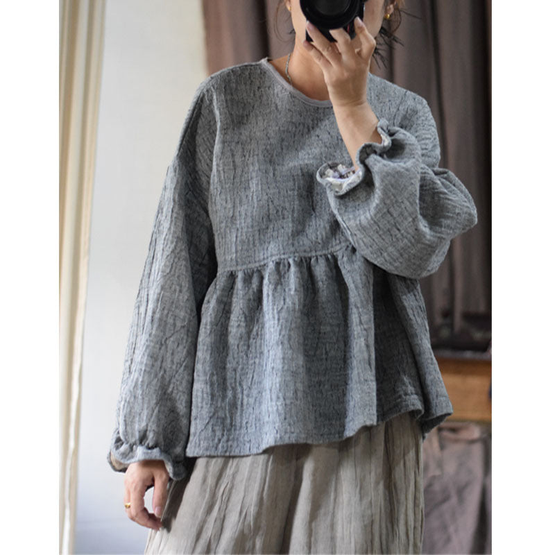 Double-layer Linen Round Neck Cute Anti-aging French Retro Blouse