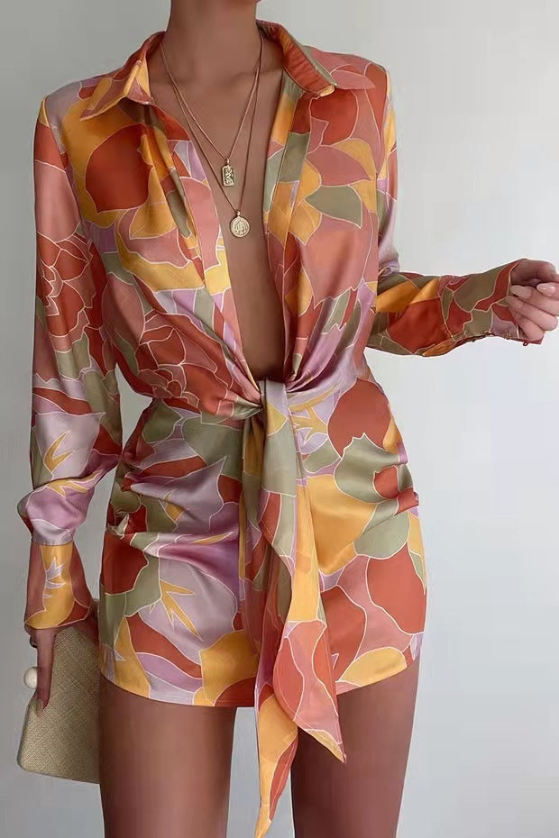 Robe chemise boutonnée à manches longues et imprimé numérique pour femmes