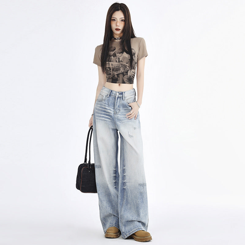 Women's Fashion Retro White Straight-leg Denim