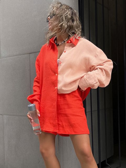 Women's Fashion Casual Contrast Color Long Sleeve Shirt Shorts Suit