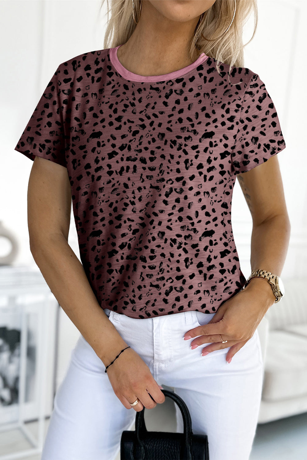 Fiery Red Cheetah Print O-neck Short Sleeve T Shirt