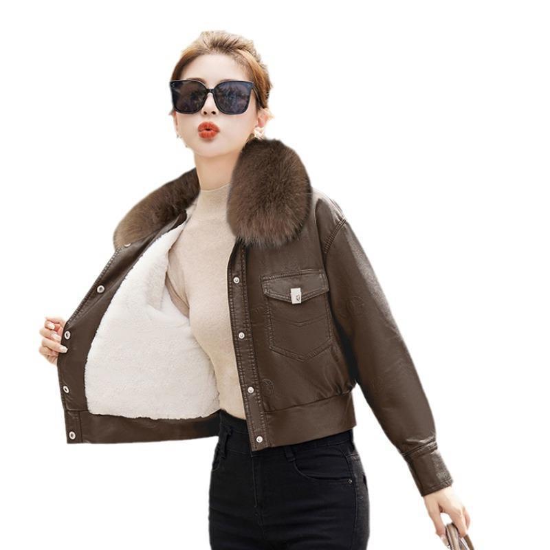 Women's Fleece-lined Coat Thickened Biker's Leather Jacket