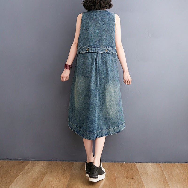 Fashion Casual Mid-length Sleeveless Denim Vest Dress