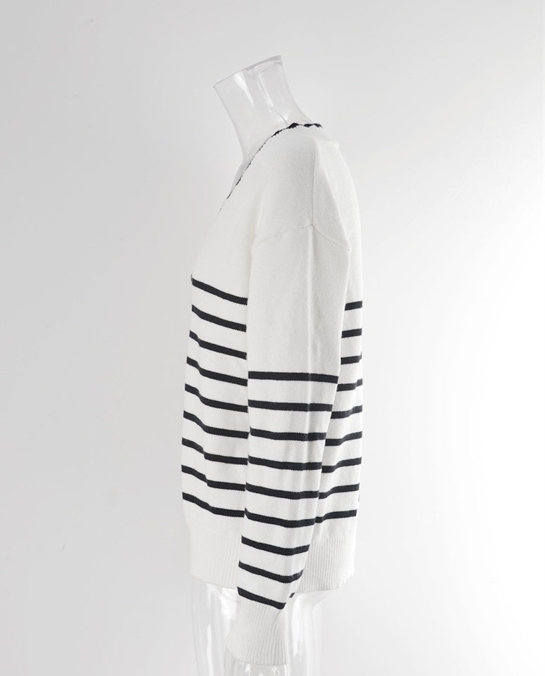 Autumn And Winter New V-neck Striped Sweater Sweater For Women