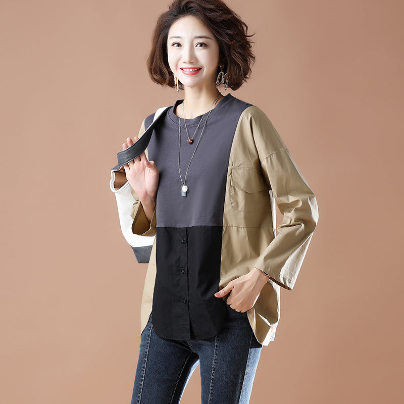 Contrasting Color Stitching Was Thin Long-sleeved Western Style Shirtloose And Fat