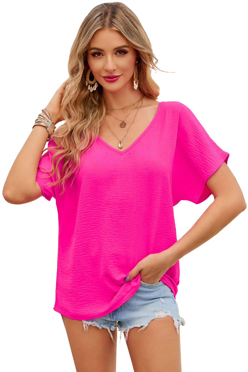 Blusa de manga corta con cuello en V liso rosa